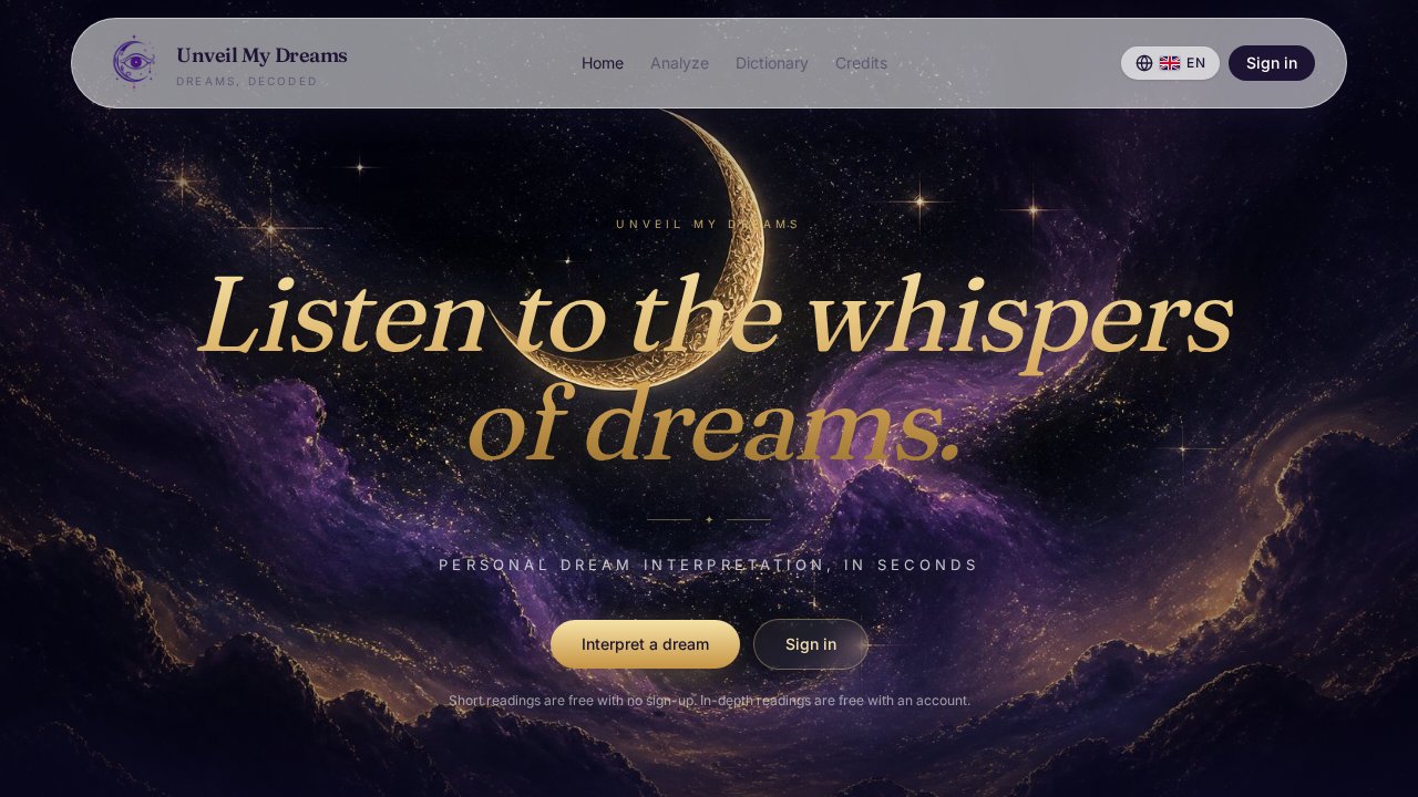 Screenshot of the Unveil My Dreams website homepage